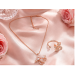 Elegant Rose Gold Crystal Floral Pendant Necklace with Matching Ring Combo Set for Women