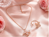 Elegant Rose Gold Crystal Floral Pendant Necklace with Matching Ring Combo Set for Women